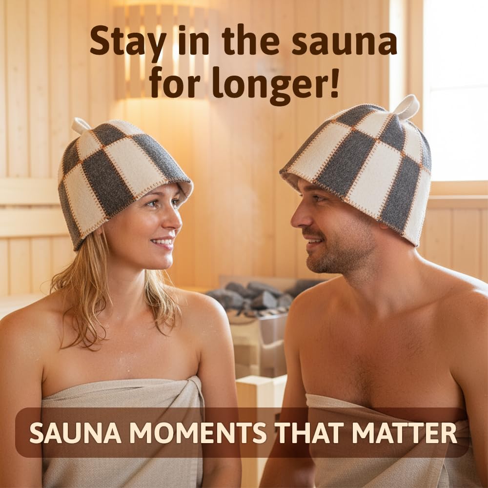 ASKOLD Wool Sauna Hat Checkered - Wool Banya Hat Sauna Cap for Men - Sauna Cap for Women to Protect Hair Grey and White