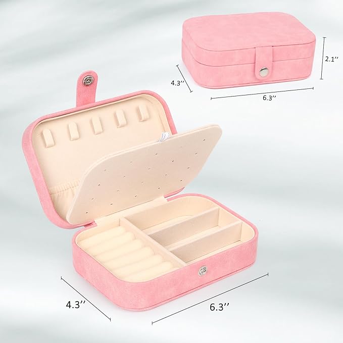 Hatori Travel Jewelry Box, PU Leather Small Jewelry Organizer for Women Girls, Portable Mini Travel Case Display Storage Holder Boxes for Stud Earrings, Rings, Necklaces, Bracelets (Pink Beige)