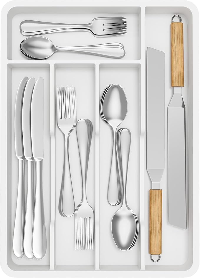 Lifewit Silverware Drawer Organizer Tray, Plastic Cutlery Storage for Kitchen, Flatware and Utensil Holder Divider for Spoons Forks Knives Tableware, 9.5 x 13.4", 5 Slots, White