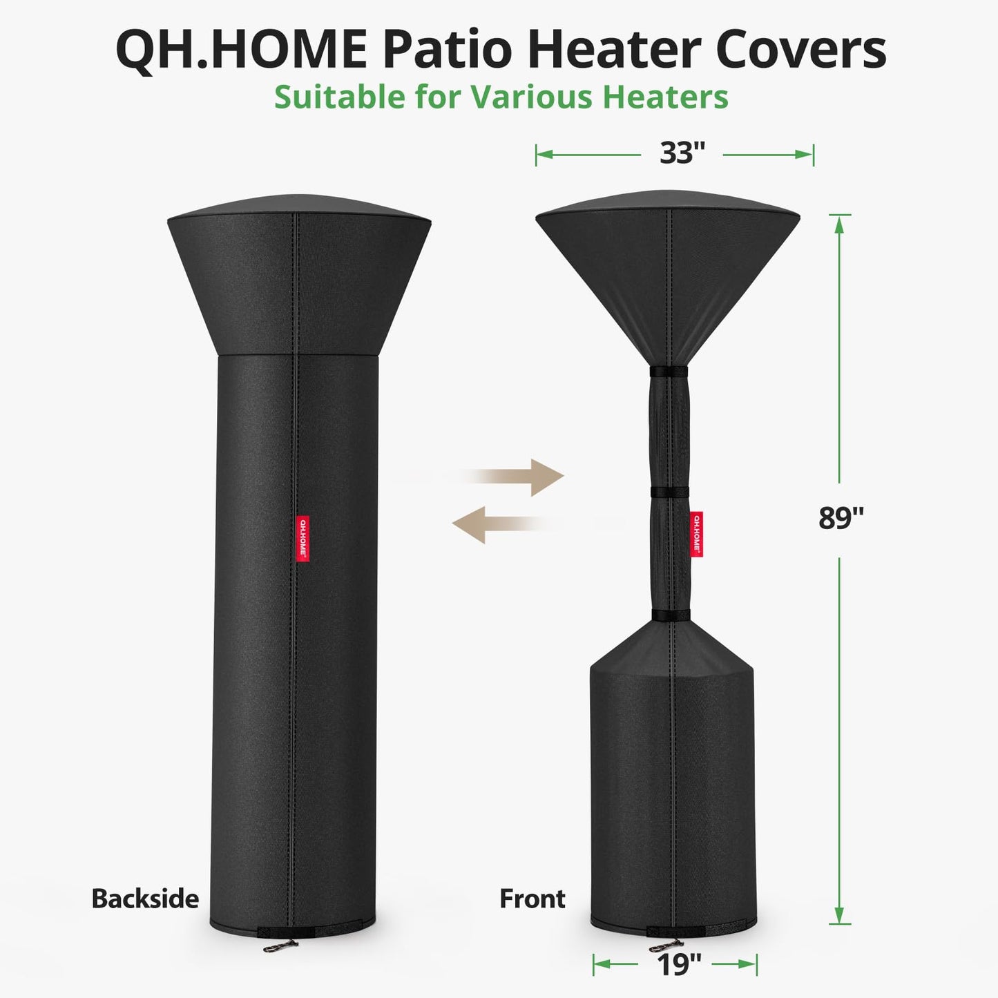 QH.HOME Patio Heater Covers, [2026 Upgraded Tear-Resistant Fabric] Waterproof with Robust Zipper,Dustproof/Wind/Sunlight/Snow-Resistant, (89"H x 33"D x 19"B ,Black)