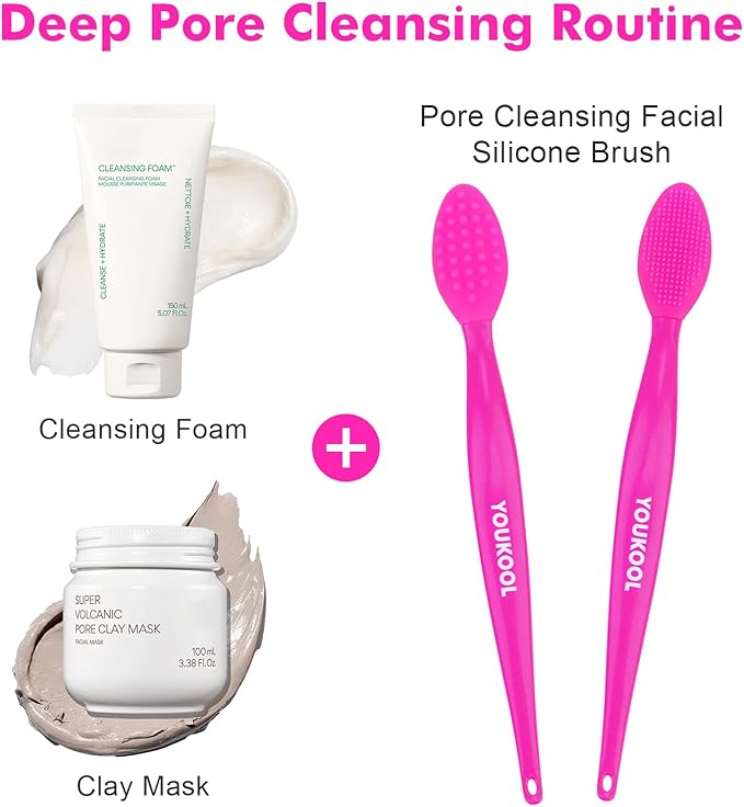 Pore Cleansing Silicone Facial Brush | Face Scrubber & Massager for Blackhead & Whitehead Removal, Sebum Reduction, Gentle Exfoliation & Clearer Skin | Suitable for All Skin Types,Fuchsia,2pc
