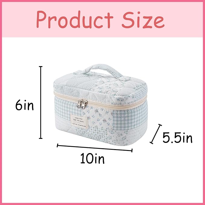 uekeboag Large Travel Quilted Makeup Bag for Women, Floral Cotton Cosmetic Bag, Coquette Aesthetic Floral Toiletry Organizer Bag