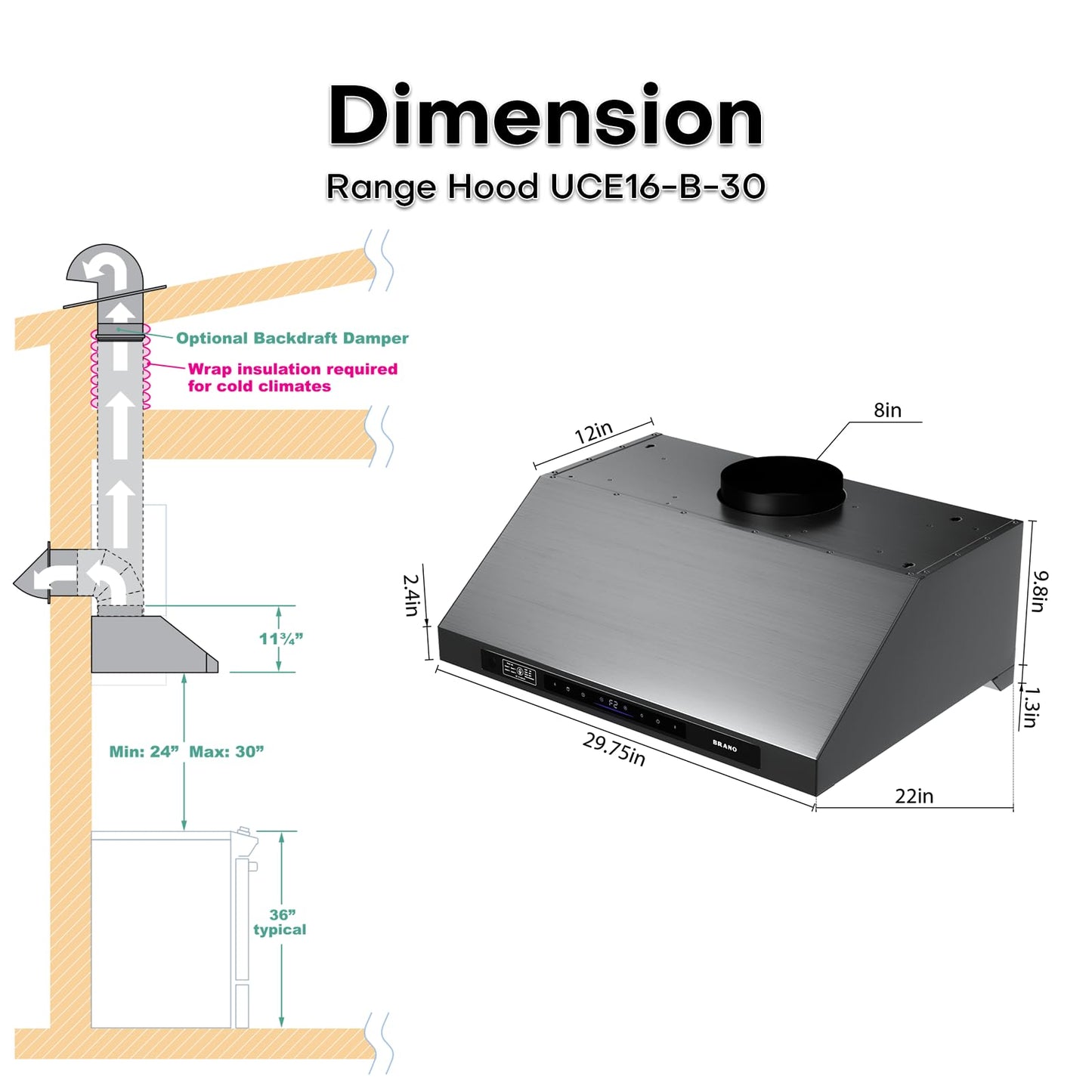 36inch Under Cabinet Range Hood with 1200 CFM Power, Stainless Steel Ducted Vent Hood with Voice & Gesture Control, PVD Titanium Plated Finish, 6 Speed, DC Motor