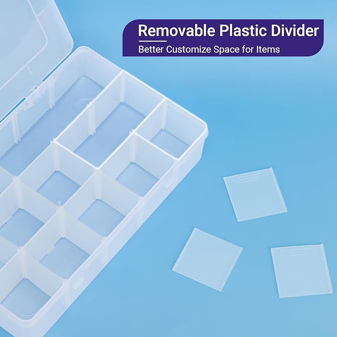 Storage Box with Dividers, 15-Grid Extra Large Plastic Storage Case for Nail Art Decoration, Clear Fake Nail Organizer Container with Lids for Acrylic Nails Tip, Rhinestone, Bead, Charm, Craft