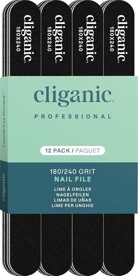 Cliganic 12 Pack Nail File Set: 180/240 Grit | Professional Emery Boards for Natural, Gel & Acrylic Nails | Washable Double Sided Kit | Cliganic 90 Days Warranty
