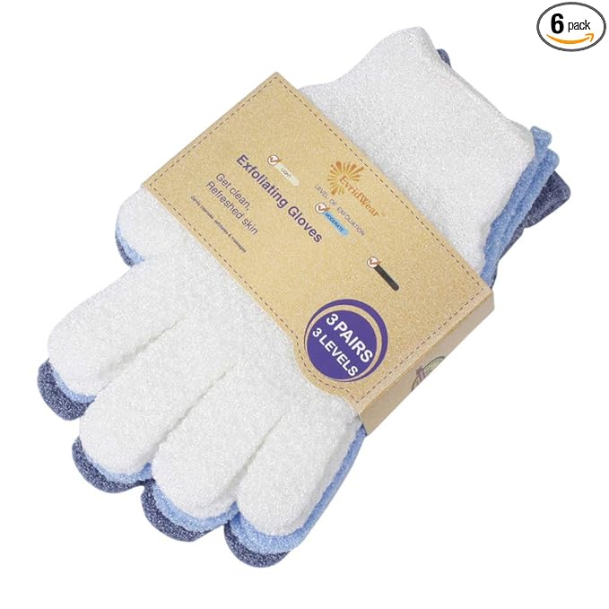Evridwear Exfoliating Glove for Shower Men and Women, Dual Texture Bath Body Scrub Gloves Dead Skin Cell Remover for Home Spa, Massage,with Hanging Loop (3 Pairs)