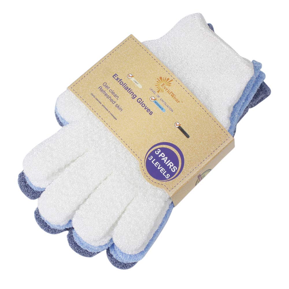 Evridwear Exfoliating Glove for Shower Men and Women, Dual Texture Bath Body Scrub Gloves Dead Skin Cell Remover for Home Spa, Massage,with Hanging Loop (3 Pairs)