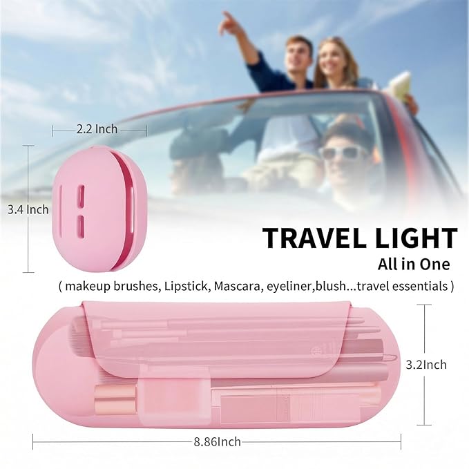 2 IN 1 Silicone Makeup Brush Holder with Beauty Make Up Sponge Holder Case：Soft Portable Cosmetic Face Brushes Holder with Upgrade Anti-Fall Out Magnetic Closure - Pink