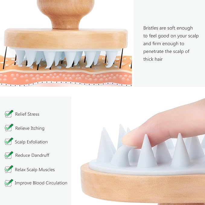 Hangerspace Scalp Massager Shampoo Brush, Wooden Wet and Dry Hair Scalp Care Brush, Shower Brush Scalp Scrubber Exfoliator with Soft Silicone Bristles for Dandruff Removal, Hair Growth (White)