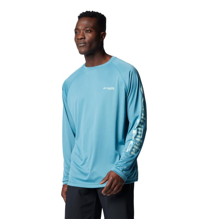 Columbia Men's Terminal Tackle Long Sleeve Fishing Shirt, Canyon Blue/ICY Morn Logo, 6X