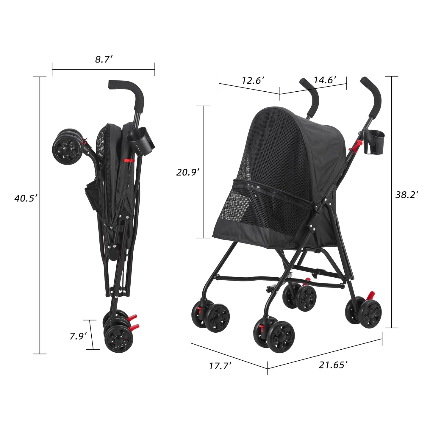 COOLCRAB Pet Stroller Oxford Cloth Foldable Dog Strollers for Small Dogs and Cats Suitable for All Road Surfaces Wide-View Panoramic Window 4 Wheels with Brakes Portable Design, Easy to Store (Grey)