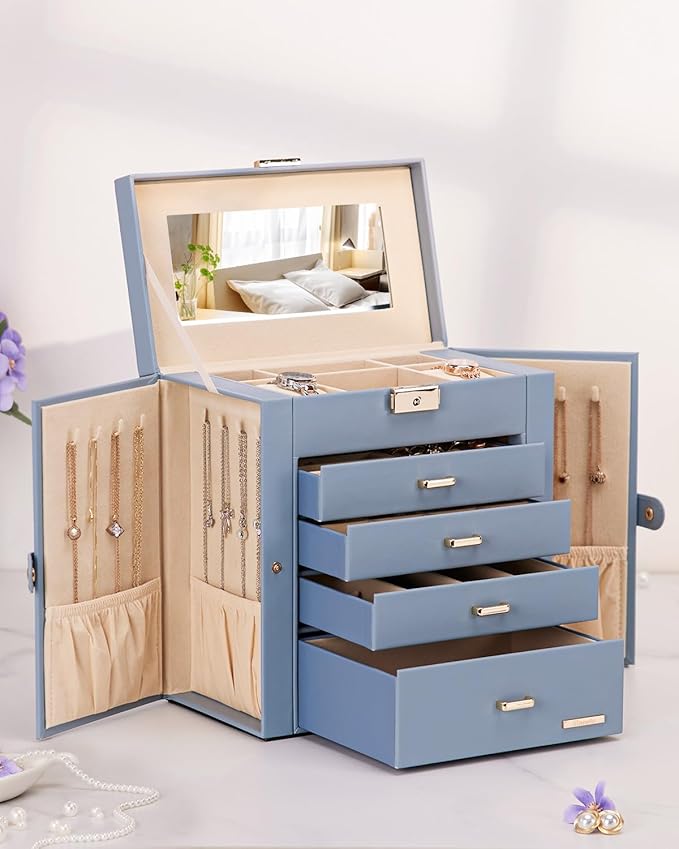 Homde Synthetic Leather Huge Jewelry Box Mirrored Watch Organizer Necklace Ring Earring Storage Lockable Gift Case (Grey Blue + Gold)