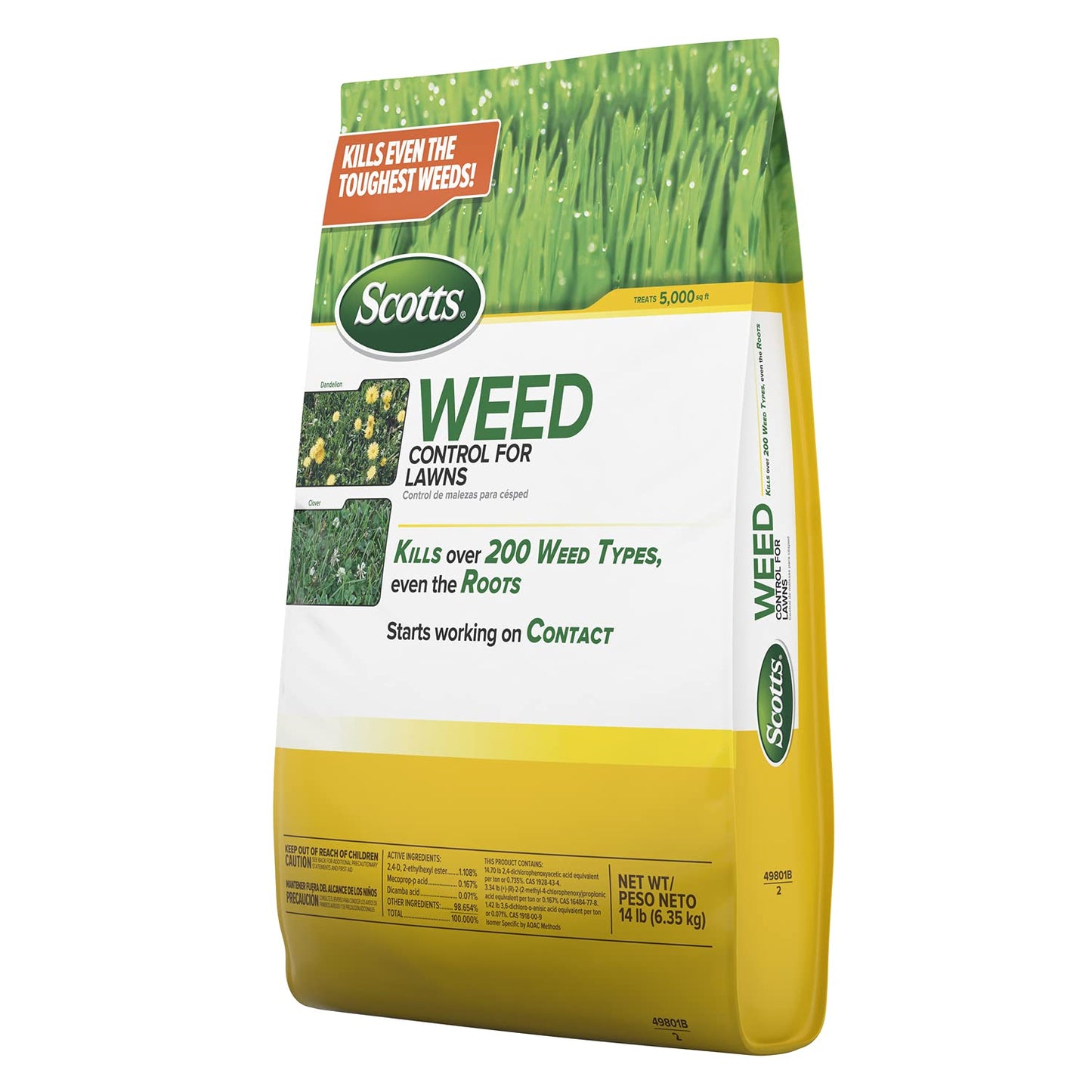 Scotts Weed Control for Lawns, Weed Killer, Kills Over 200 Weed Types Including Dandelion and Clover, 5,000 sq. ft, 14 lbs, Yellow