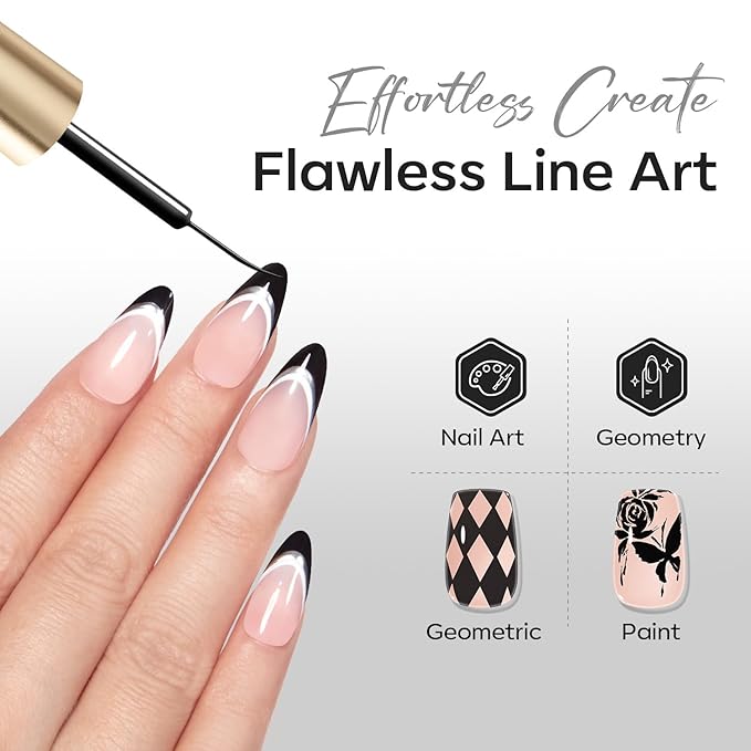 modelones Black French Tip Liner Gel Polish, 15 ML All Black Classic Color Nail Art Paint Swirl with Upgraded Fine Line Brush Soak Off U V DIY Home Salon Professional Manicure Design Gift for Women