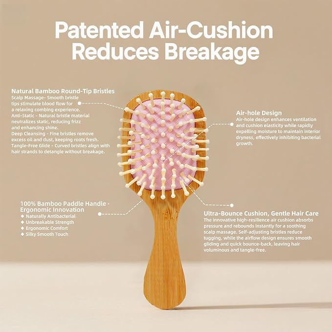 Pink Mini Bamboo Hair Brush – Portable Travel Hairbrush for Kids & Adults, Compact Scalp Massage Hair Brush, Anti-Static, Easy to Carry