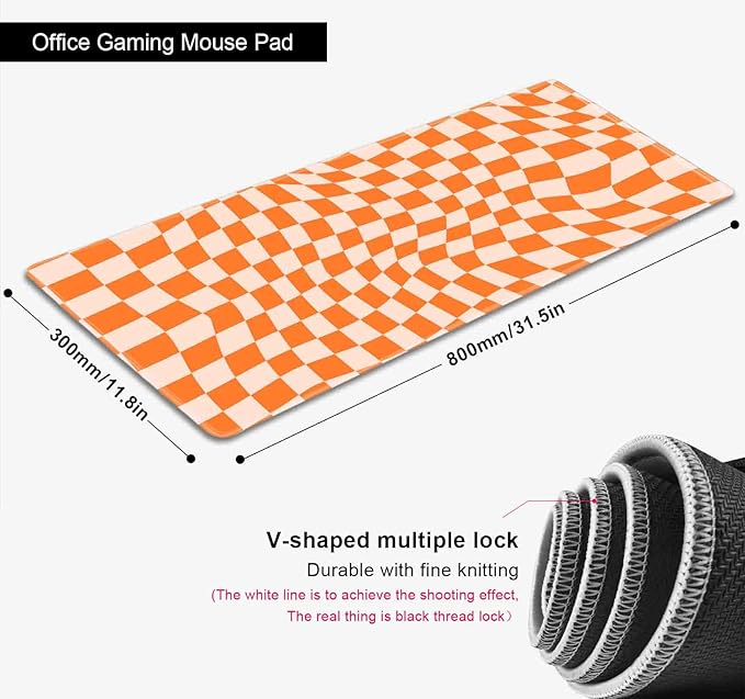 Orange Checkered Desk Pad, Boho Pattern Extra Large Mouse Pad, Desk Protector Pad, Writing Mat for Work Home Decor, Non-Slip Rubber Gaming Mouse Pads for Computer Laptop, 31.5 X 11.8 in