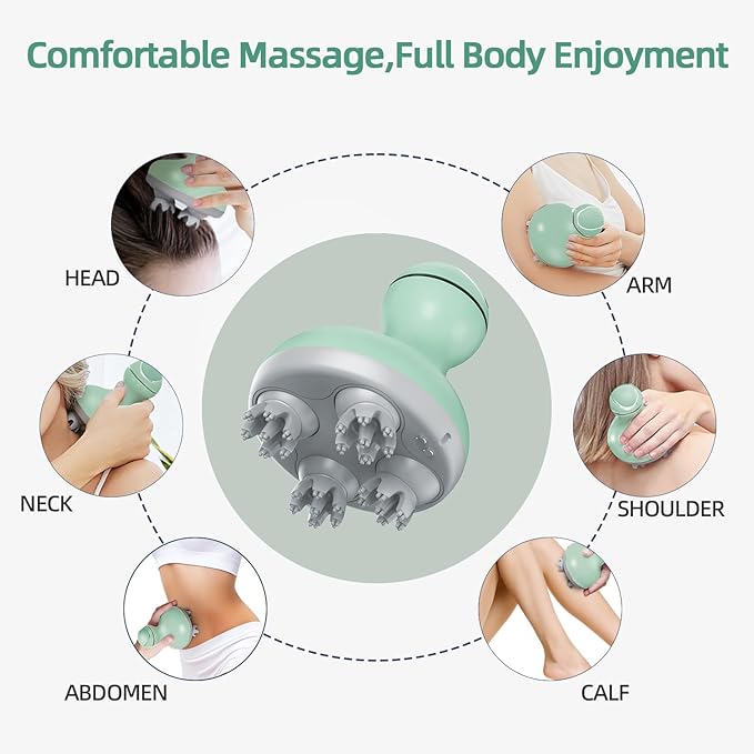 cotsoco Electric Scalp Head & Back Massager, Cordless Hair Massage Waterproof Head Massager with 4 Heads 84 Nodes for Hair Growth, Stress Relief & Deep Clean, Gifts for Men Women, Green