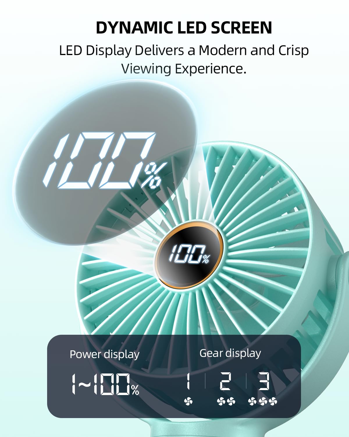 Portable Stroller Mini Fan, Small Rechargeable Personal Fan, Travel Essentials for Baby, Wagon, Car Seat, Treadmill, Battery Powered Biking Gear Accessories, 360° Rotation, 3-Speed, Display, Aqua