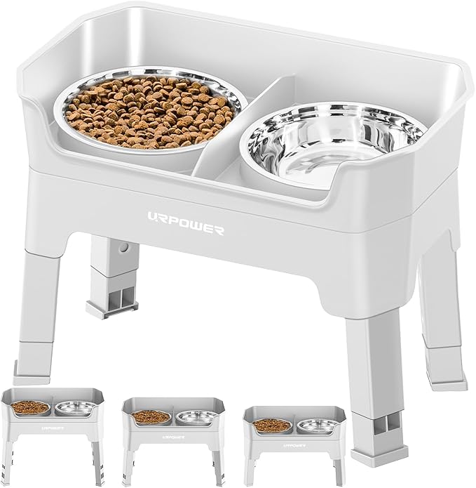 URPOWER 3-in-1 Elevated Dog Bowls - Mess Proof Double Deck 4 Height Adjustable Raised Stand with 2 Stainless Steel Food Bowls & Licking Plate for Small, Medium & Large Dogs