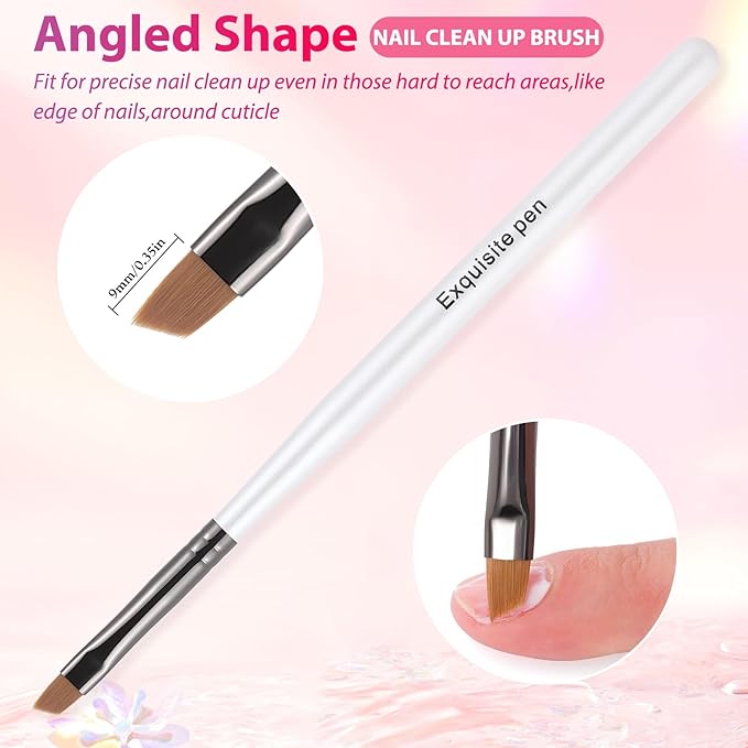 White Nail Art Clean Up Brushes for Cleaning Polish Mistakes on the Cuticles, Acetone Resistant Nail Brush, Fingernail Cleaning Brushes for Nail Art and Designs (Round&flat&Bevel)