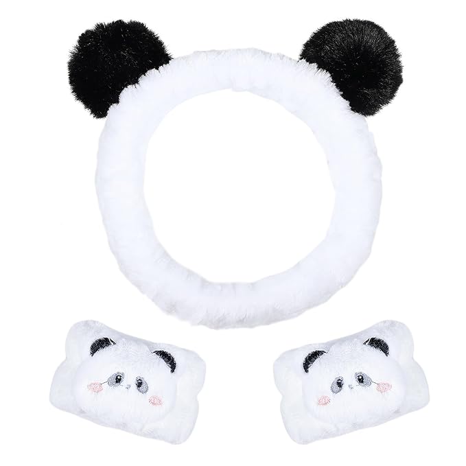 Pom Pom Panda Ears Plush Wash Face Headband Spa Wrist Band Cuffs Hair Scrunchy Women Girls Facial Makeup Skincare Bath Head Wrap Kids Costume Party Supply Birthday Gift