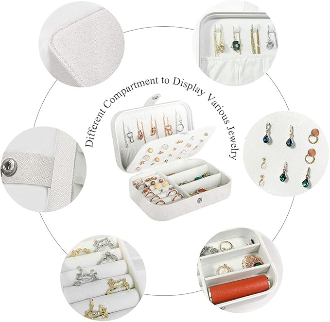Hatori Travel Jewelry Box, PU Leather Small Jewelry Organizer for Women Girls, Portable Mini Travel Case Display Storage Holder Boxes for Stud Earrings, Rings, Necklaces, Bracelets (Glitter White)