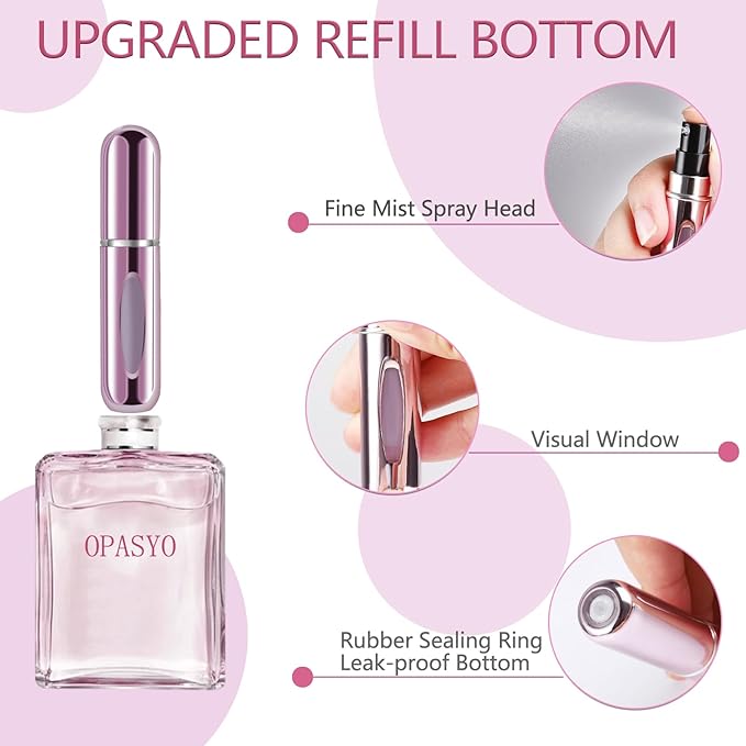 opasyo 4 Pcs Mini Refillable Perfume Portable Atomizer Bottle, 5ml Bottom-Fill Perfume Spray Scent Dispenser, Leak-Proof Travel Pump for Cologne, Aftershave & Purse (Silver/Pink/Blue/Black/)