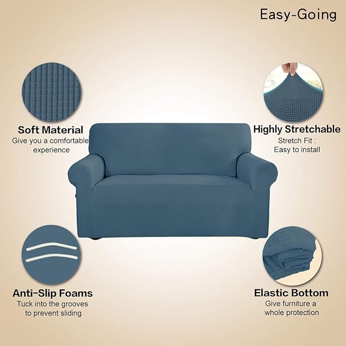 Easy-Going Stretch 4 Seater Sofa Slipcover 1-Piece Sofa Cover Furniture Protector Couch Soft with Elastic Bottom for Kids, Polyester Spandex Jacquard Fabric Small Checks Bluestone