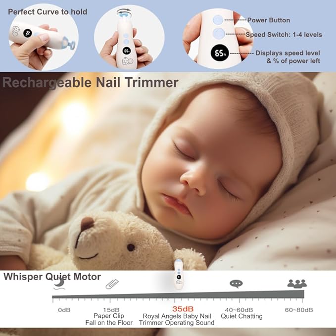 Royal Angels Rechargeable 22 in 1 Baby Nail Trimmer with LCD Display, Labeled Case, 13 Extra Pads, 4 Speed Settings, Safe Quiet LED Light Electric Baby Nail File Kit for Newborns Toddlers (WhiteBlue)