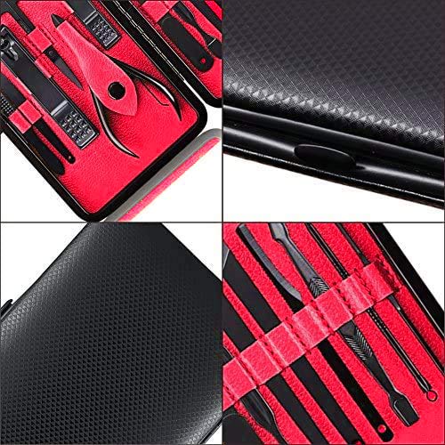 Professional Stainless Steel Nail Clipper Travel & Grooming Kit Nail Tools Manicure & Pedicure Set of 15pcs with Luxurious Case (Black/Red)