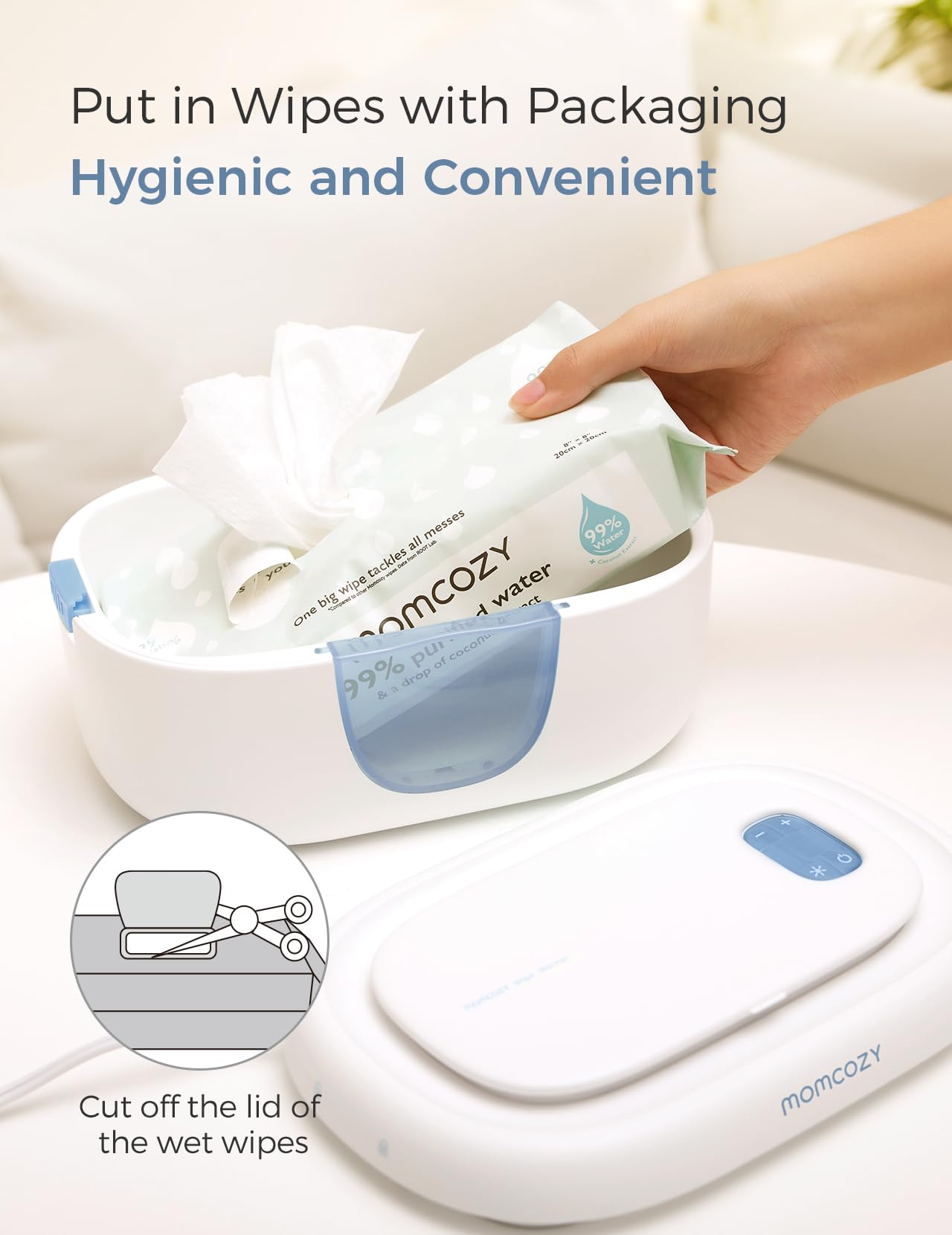 Momcozy Baby Wipe Warmer, Innovative Spring Design, Large Capacity Wipes Dispenser for 60-80pcs, Fast & Even Heating, 4 Modes of Temperature Heating Control, Diaper Wipe Warmer with Night Light, Blue