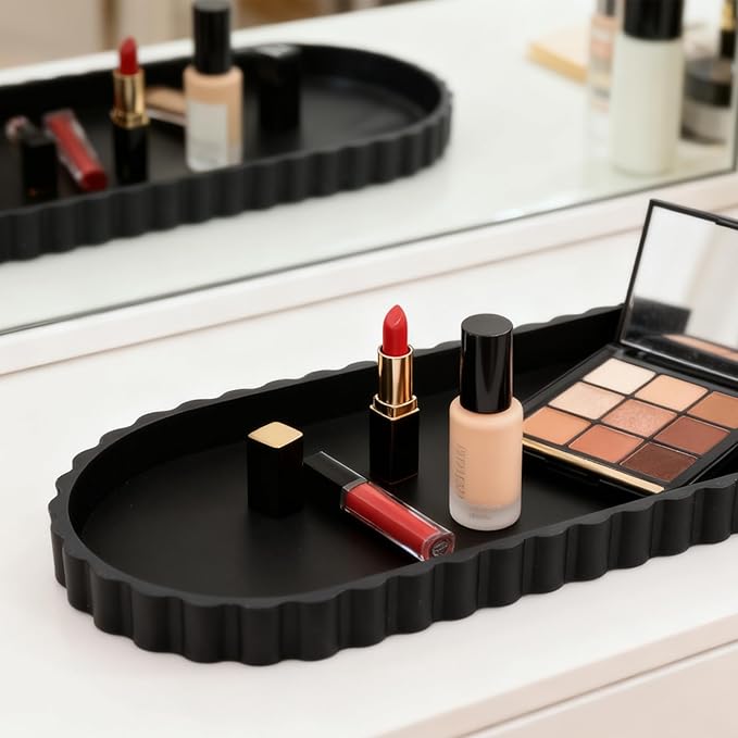 Silicone Bathroom Oval Tray,Decorative Vanity Trays,12in x 5in Sponge Holders,Kitchen Countertop/Sink Organizers, Perfumes,Plants, Lotion Bottles,Soap,Jewelry & Key Trinkets (Black)