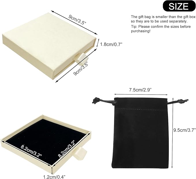 Small Jewelry Gift Box and Velvet Bag, Necklace Bracelet Earring Cardboard Organizer Square Jewellery Gift Box Pendent Storage Case for Birthday Xmas Christmas Wrapping (Beige)