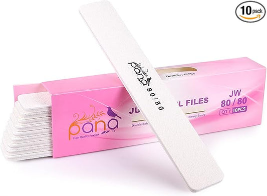 10PCS Jumbo Size PANA Professional Double Sided Nail Files - White, 80/80 Grit - Emery Board Nail Buffering File Manicure Pedicure Nail Polisher Washable