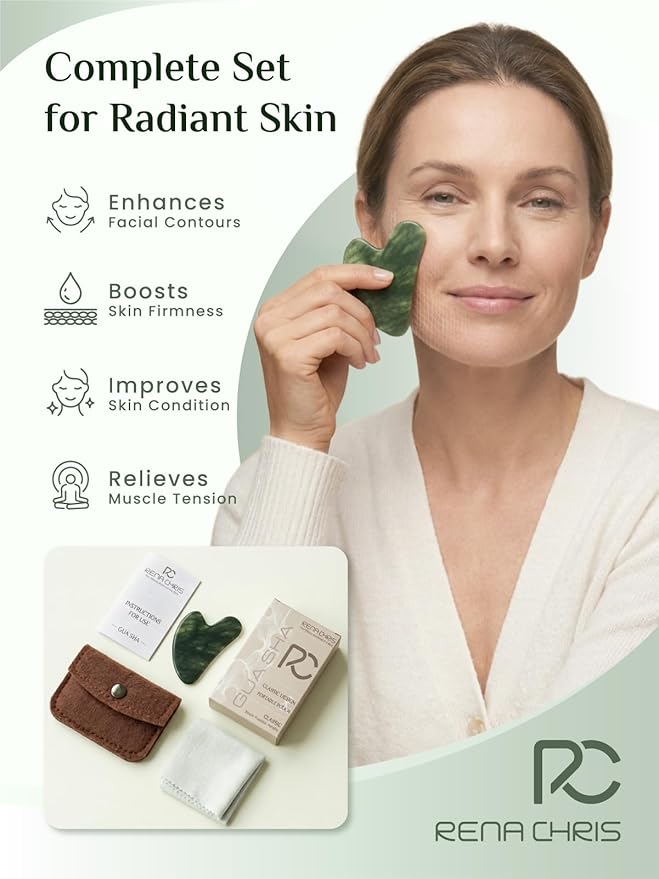 Rena Chris Gua Sha Facial Tools, Xiuyan Jade Guasha Tool for Acupuncture, Manual Massage Tool for Jawline Sculpting and Puffiness Reducing, Gua Sha Facial Massage Tool, Skin-Care Gift (Dark Green)