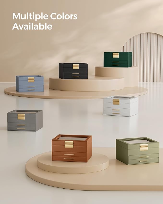 SONGMICS GISELLA Collection - Jewelry Box Organizer, 3-Layer Jewelry Storage with 2 Drawers, Shiny Metal Hardware, Glass Lid, Modern, 8 x 9.1 x 5.3 Inches, Cloud White and Gold Color UJBC239WT