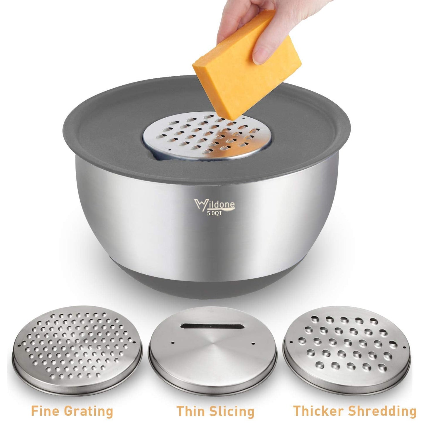 Wildone Mixing Bowls with Airtight Lids Set, 5PCS Stainless Steel Nesting Bowls Set for Kitchen, with Grater Attachments & Non-Slip Bottoms, Size 5, 3, 2, 1.5, 0.63 QT, Great for Baking & Serving