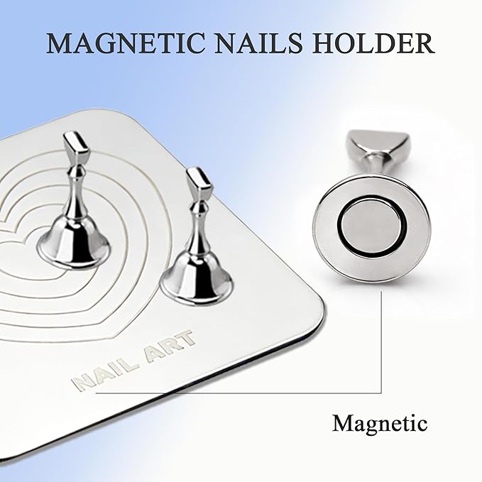 Nail Stand for Press Ons Display Practice for Acrylic Nails, Magnetic Fake Nail Tips Holder with Metal Base for Painting Tools, Designs with Reusable Double-Sided Tape for Home DIY Art Salon Supplies