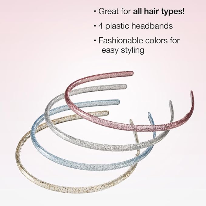 CONAIR Scunci Effortless Beauty Skinny headband -plastic Headbands for Women and Men - hair accessories for women - trendy girl gifts - Assorted Glitter - 4 Count