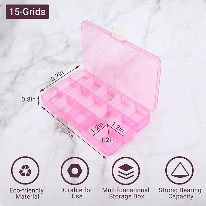 Small Compartment Organizer Case, 4PCS 15-Grid Adjustable Plastic Box with Dividers, Acrylic Fake Nail Charms Bead Rhinestone Jewelry Holder, Craft Screw Hardware Parts Empty Storage Container