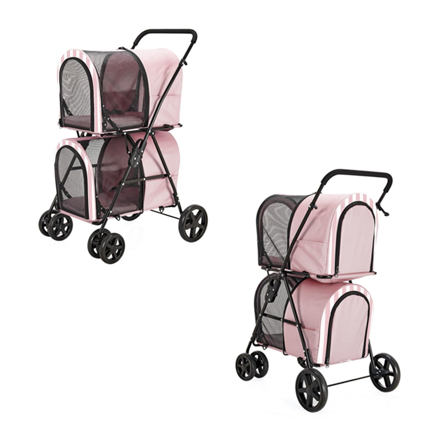 LPOTIUS Double Pet Stroller for Dogs and Cats with 2 Detachable Carrier, Quick-Folding Dog Stroller for Medium Small Dogs Cats, 4 Wheels, Light Pink
