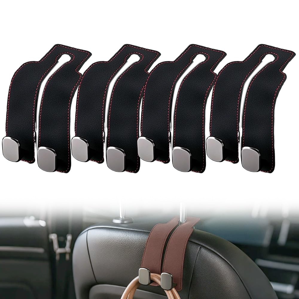 Fauppt Headrest Hooks for Car Car Seat Hooks for Headrest,2026 Hooks for Purses and Bags Cute Car Purse Holder,Twinhook Leather Car Headrest Hangers Seat Back Organizers for Travel (Black*4)