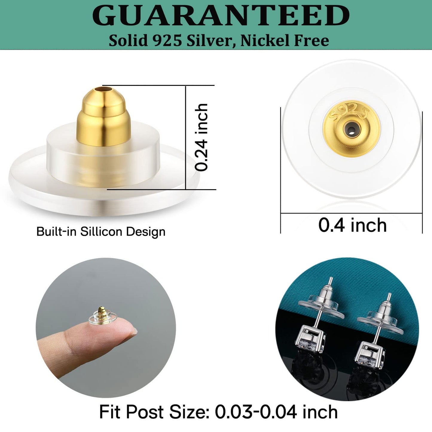Catinee 3 Pairs Earring Backs - 925 Sterling Silver Replacements, Adjustable Hypoallergenic Locking Earring Backs Fit 0.028-0.039inch Post (Silver & Gold)