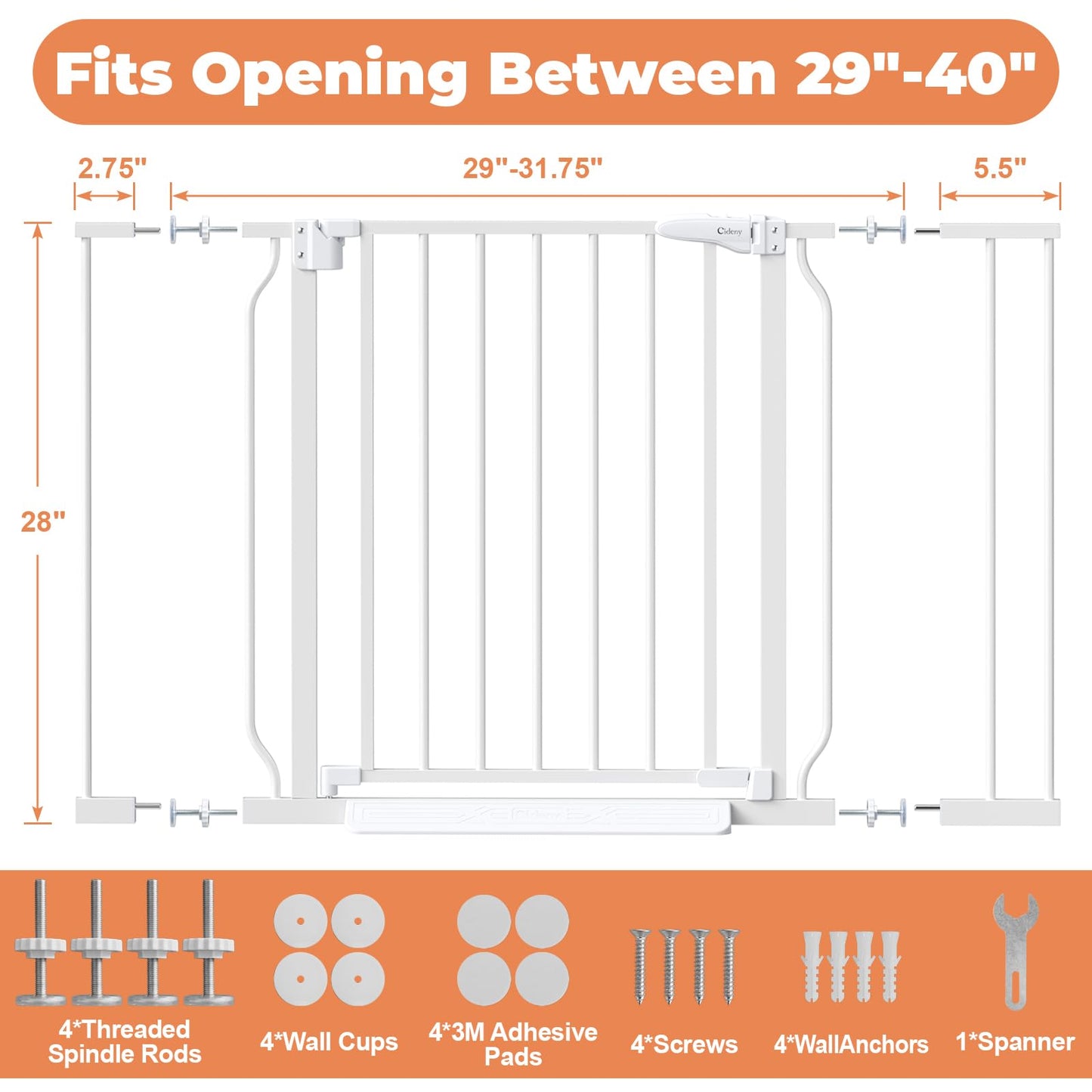 Cideny Baby Gate No Drilling, 29"-40" Auto Close Dog Gate Indoor for Doorways & Stairs, Pressure Mounted Adjustable Pet Gate, Easy Walk Through Child Gate for Children & Pets Stroller Friendly, White