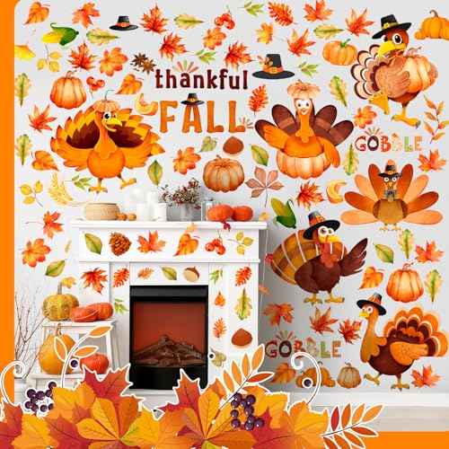 100 Pcs 6 Sheets Thanksgiving Turkey Wall Sticker Decorations Maple Leaves Fall Wall Stickers for Fall Thanksgiving Birthday Party Autumn Leaves Window Decal Home Window Decorations