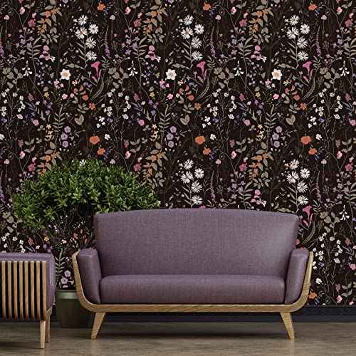 Floral Peel and Stick Wallpaper Blooming Black/Purple Flowers Self-Adhesive Wall Paper Removable Decorative Contact Paper for Bedroom Cabinet Living Room Decor 17.7" x 118",14.5 sq.ft/Roll