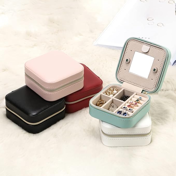 Jewelry Case with Mirror, Small Travel Jewelry Organizer, Portable Mini Storage Box for Rings, Earrings, Necklaces, Gift for Mother Mom, Girl, Daughter, Sisters, Bridesmaids, Mother's Day Gift (Pink)
