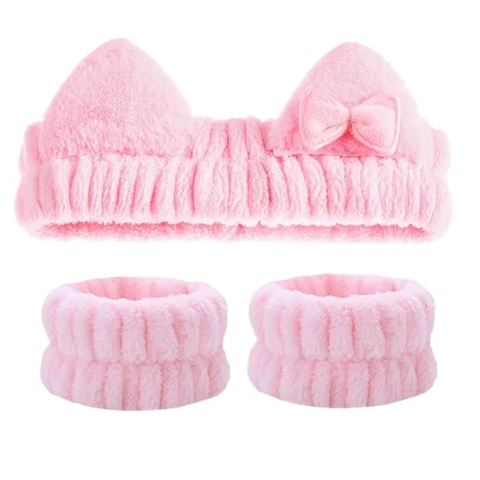 Cute Spa Headband and Wristband Set for Women Kawaii Ear Pink Makeup Headband for Washing Face (3PCS, Pink)