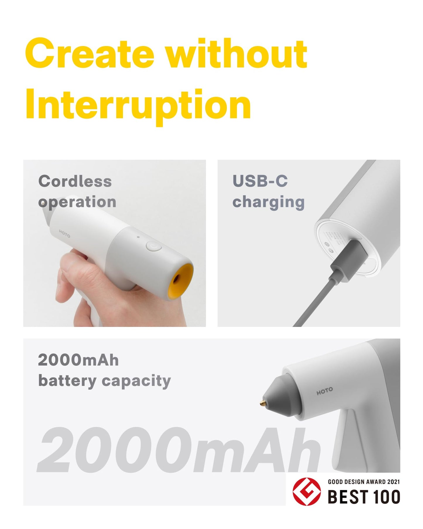 HOTO Cordless Hot Glue Gun, Minimalist Style, 30s Heating Fast, Smart Power-off, Compact Size, Intelligent Temperature Control, USB-C Rechargeable,10 Mini Sticks for Crafts, DIY Arts, Home Repairs