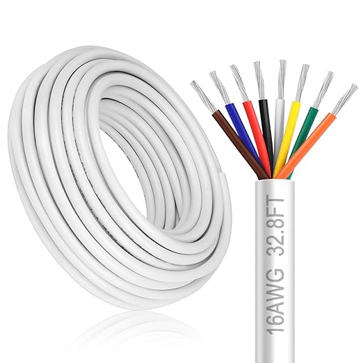 16 Gauge 8 Conductor Electrical Wire, 32.8FT White Stranded Low Voltage 16/8 PVC Case, 16 AWG Tinned Copper 8 Wire Extension Power for Strips LED Lamp Lighting
